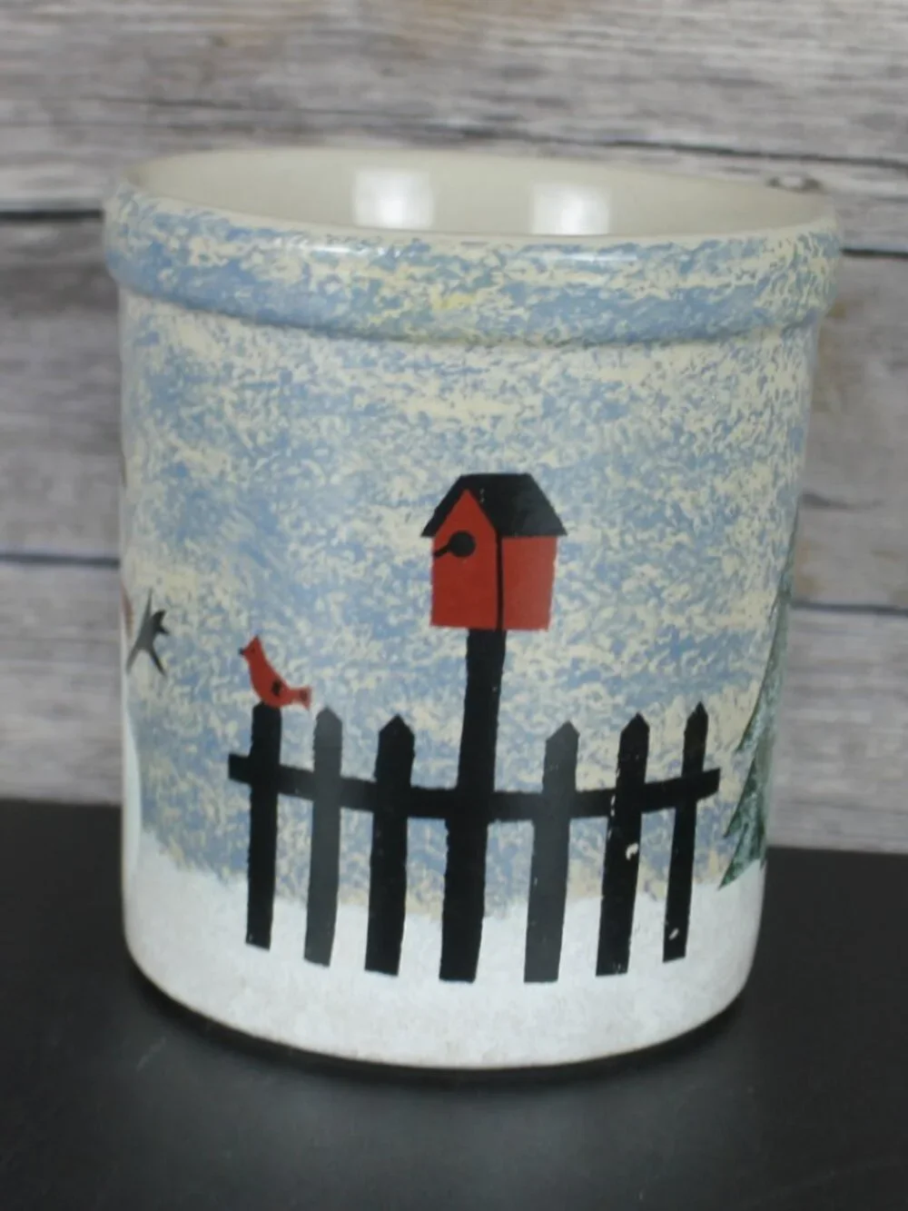 Vintage R.R.P. Co. Roseville Ohio Snowman Stenciled Stoneware Crock Jar 1994